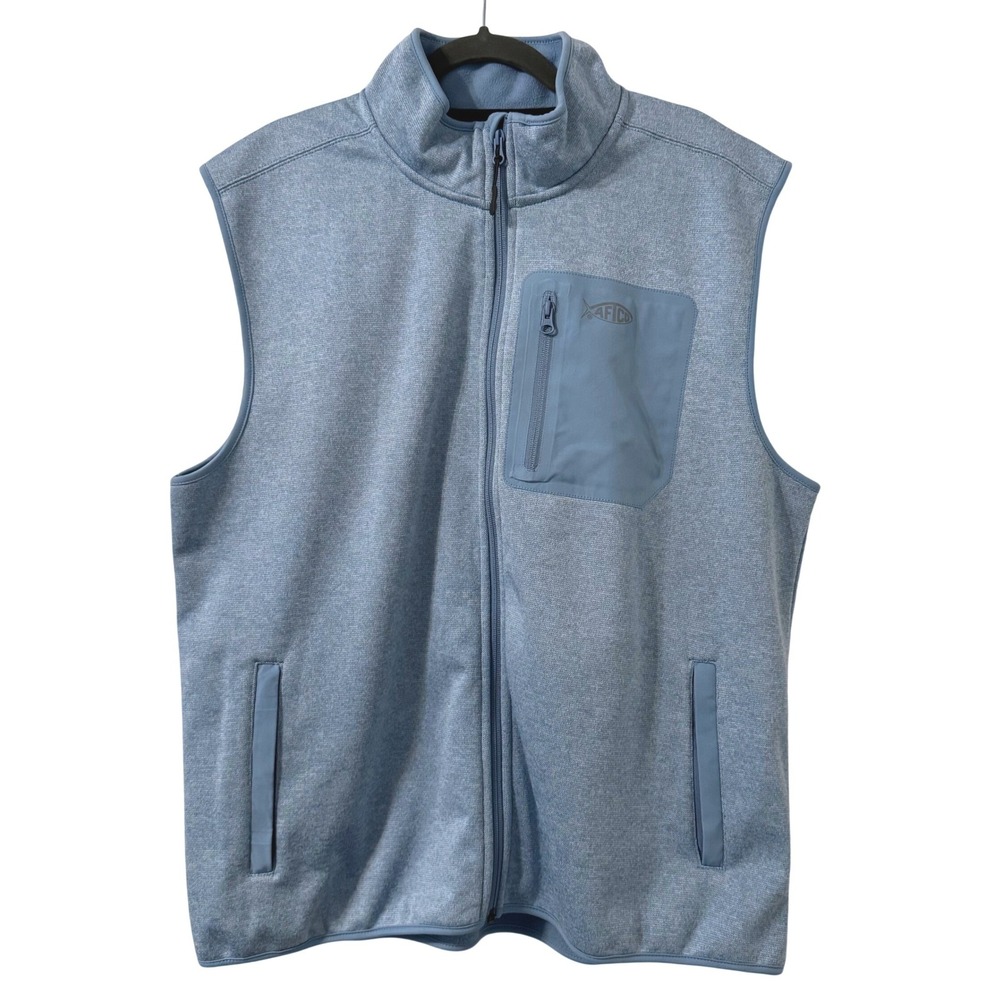 AFTCO AFTECH Vest Mens XL Blue Heather Full Zip‎ Fishing Sweater Fleece Gorpcore